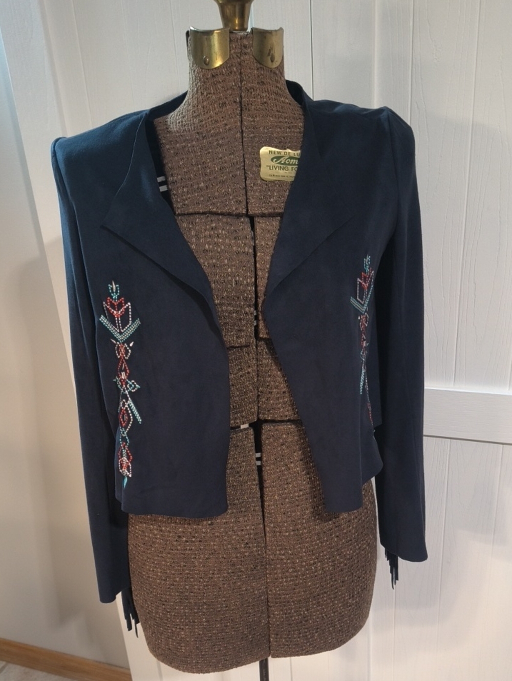 Western Navy Embroidered Open-Front Women's Jacket with Fringe sleeves